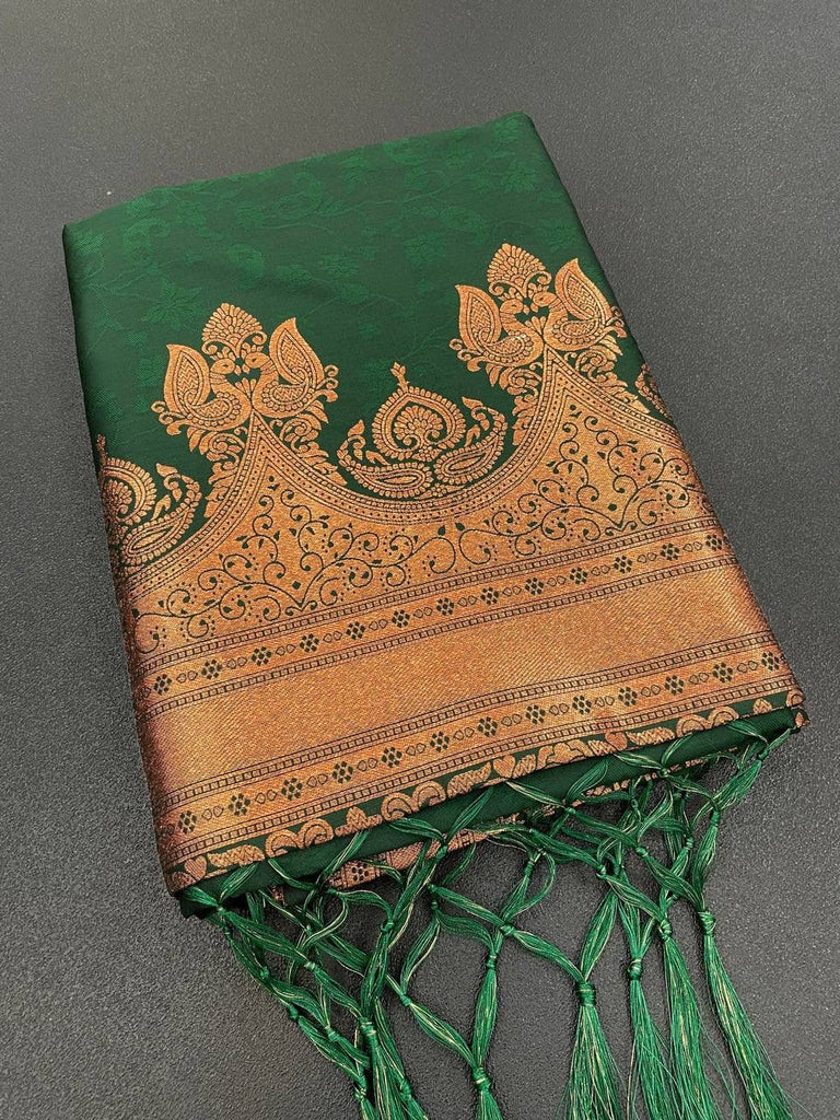 Innovative Dark Green Soft Banarasi Silk Saree With Snazzy Blouse Piece ClothsVilla