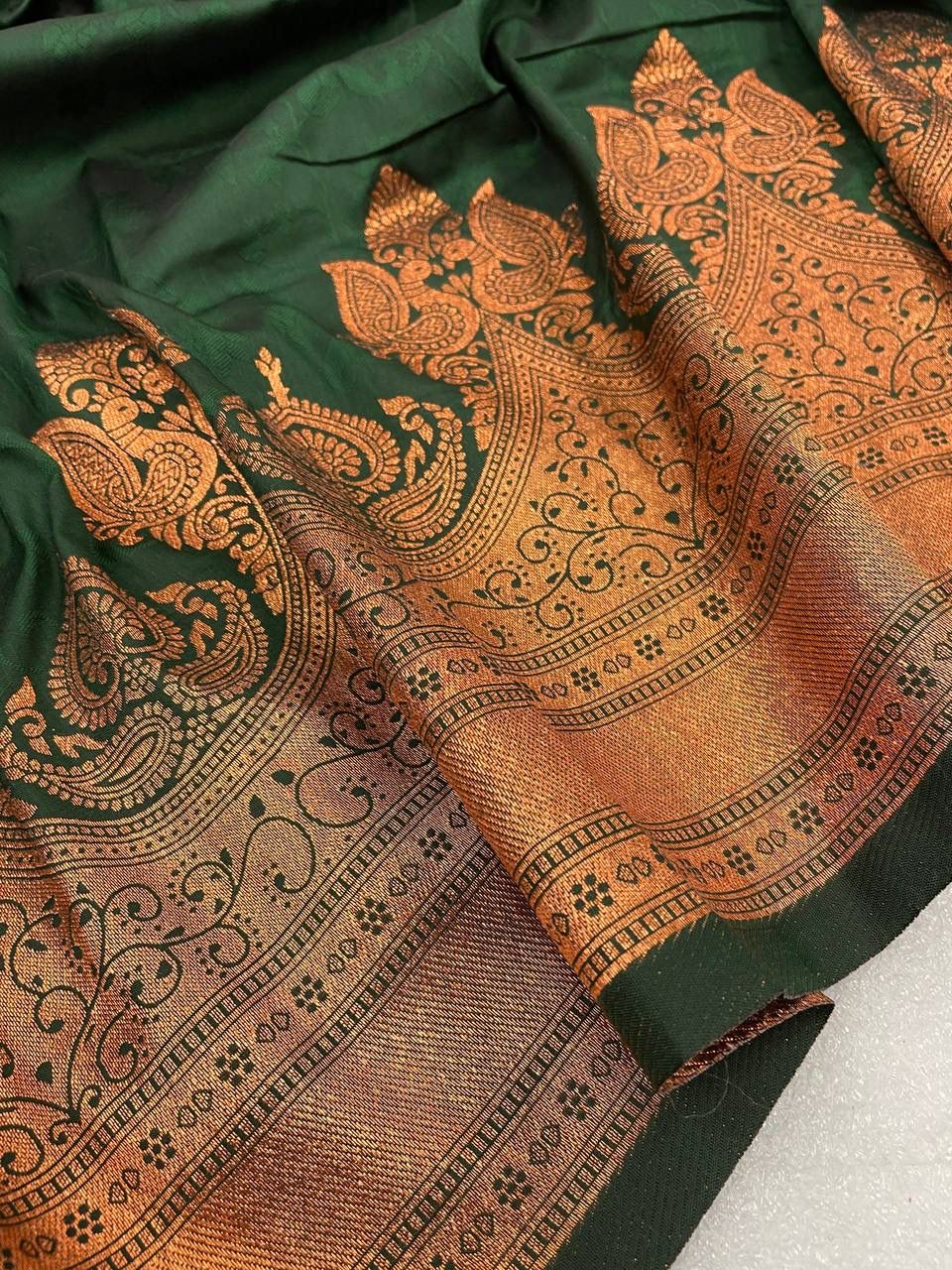 Innovative Dark Green Soft Banarasi Silk Saree With Snazzy Blouse Piece ClothsVilla