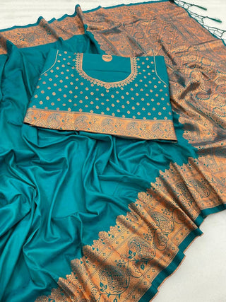 Elegant Firozi Soft Banarasi Silk Saree With Snazzy Blouse Piece ClothsVilla