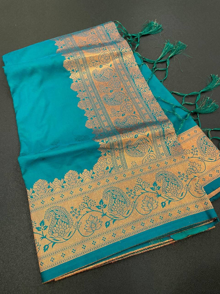 Elegant Firozi Soft Banarasi Silk Saree With Snazzy Blouse Piece ClothsVilla
