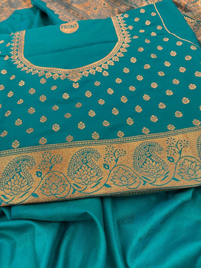 Elegant Firozi Soft Banarasi Silk Saree With Snazzy Blouse Piece ClothsVilla
