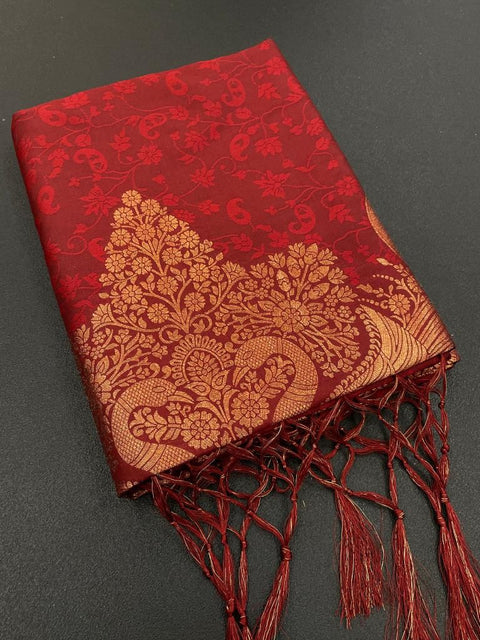 Flattering Maroon Soft Banarasi Silk Saree With Snazzy Blouse Piece ClothsVilla Main image