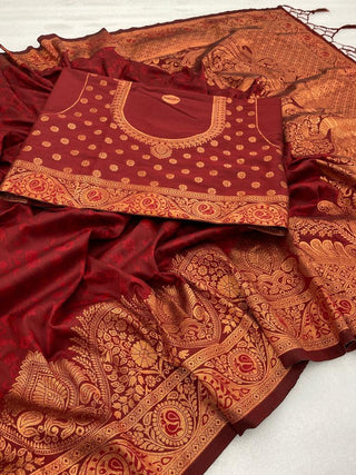Flattering Maroon Soft Banarasi Silk Saree With Snazzy Blouse Piece ClothsVilla