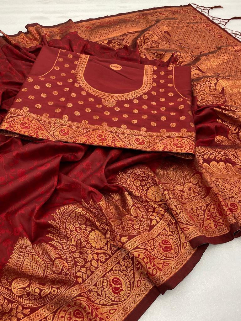 Flattering Maroon Soft Banarasi Silk Saree With Snazzy Blouse Piece ClothsVilla