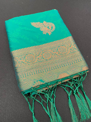 Marvellous Turquoise Soft Banarasi Silk Saree With Snazzy Blouse Piece ClothsVilla