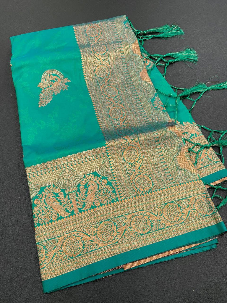 Marvellous Turquoise Soft Banarasi Silk Saree With Snazzy Blouse Piece ClothsVilla