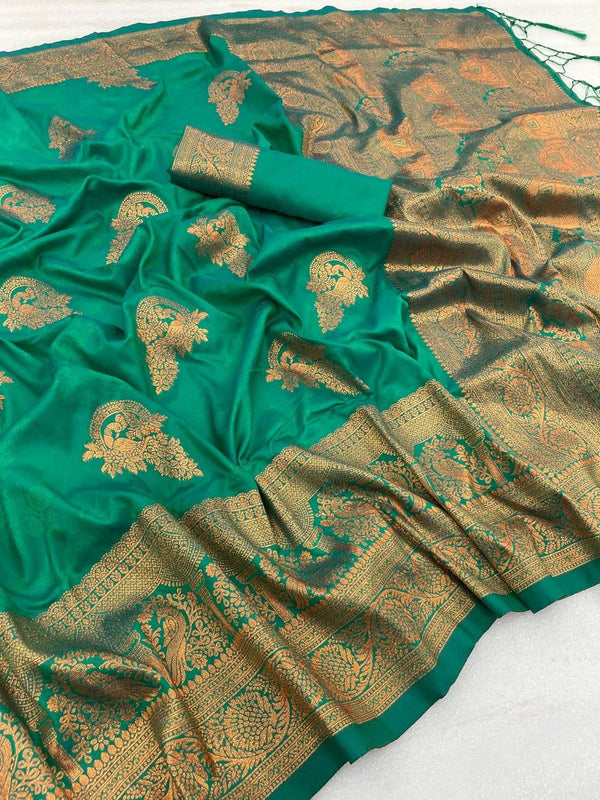 Marvellous Turquoise Soft Banarasi Silk Saree With Snazzy Blouse Piece ClothsVilla