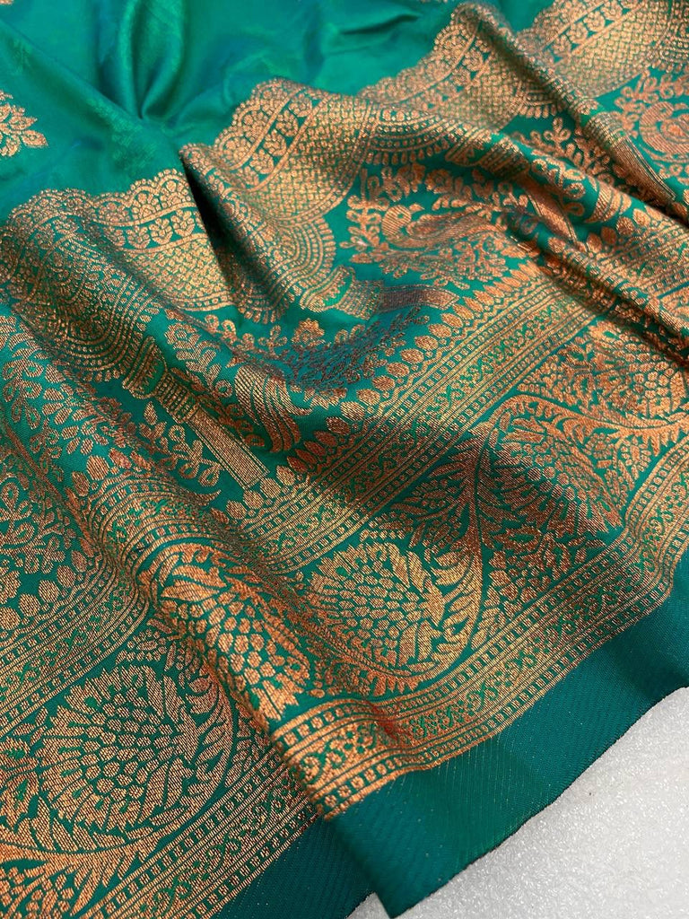 Marvellous Turquoise Soft Banarasi Silk Saree With Snazzy Blouse Piece ClothsVilla