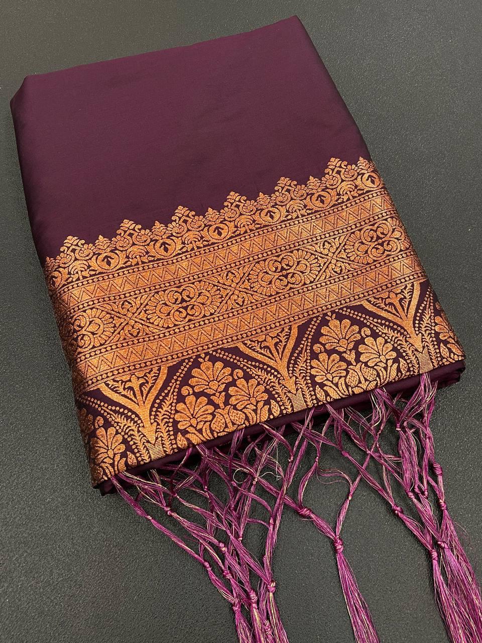 Pretty Wine Soft Banarasi Silk Saree With Snazzy Blouse Piece ClothsVilla