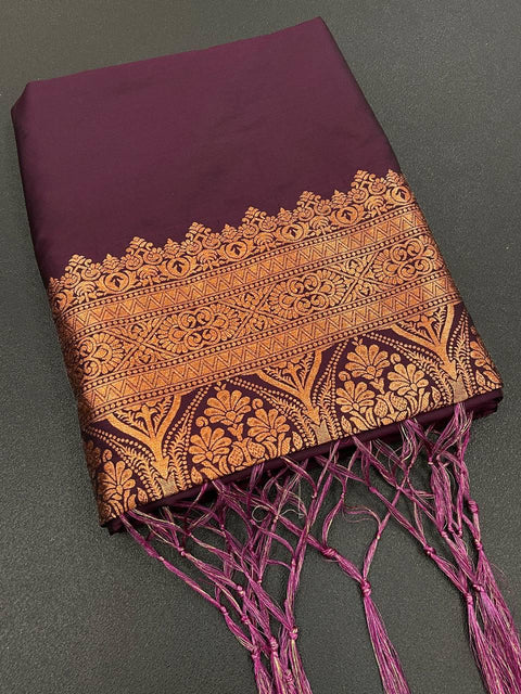 Pretty Wine Soft Banarasi Silk Saree With Snazzy Blouse Piece ClothsVilla Main image