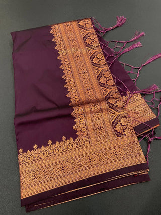 Pretty Wine Soft Banarasi Silk Saree With Snazzy Blouse Piece ClothsVilla
