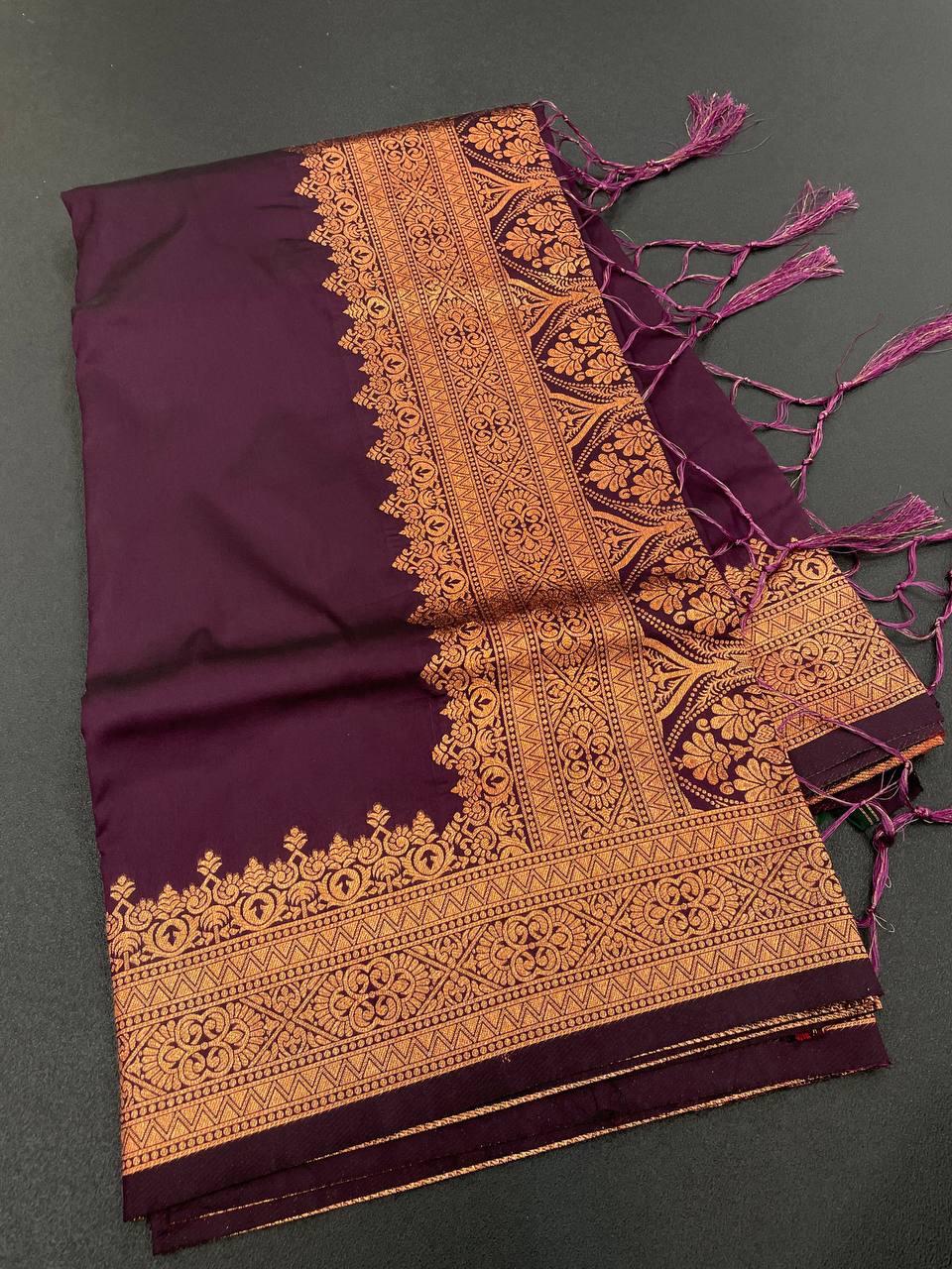 Pretty Wine Soft Banarasi Silk Saree With Snazzy Blouse Piece ClothsVilla