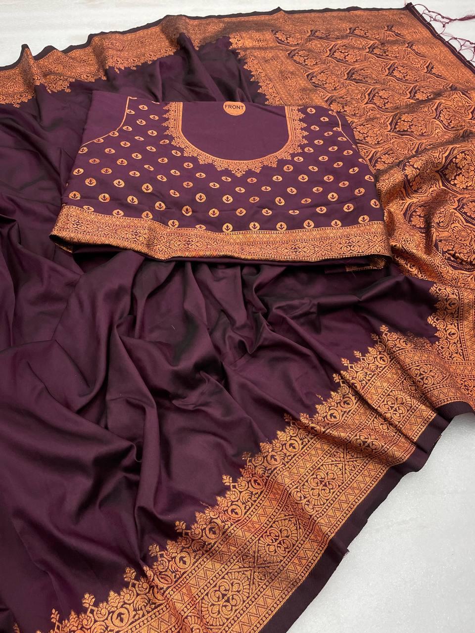Pretty Wine Soft Banarasi Silk Saree With Snazzy Blouse Piece ClothsVilla
