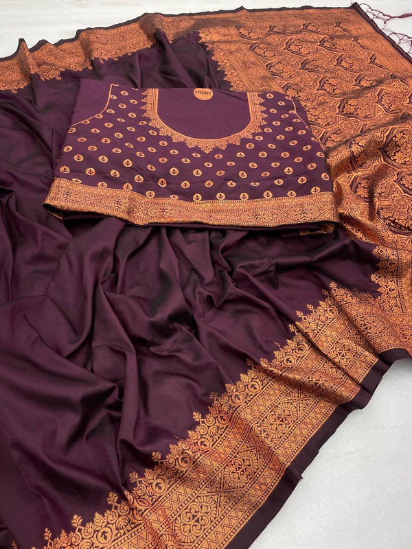 Pretty Wine Soft Banarasi Silk Saree With Snazzy Blouse Piece ClothsVilla