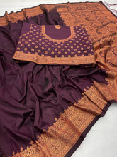 Load image into Gallery viewer, Pretty Wine Soft Banarasi Silk Saree With Snazzy Blouse Piece ClothsVilla