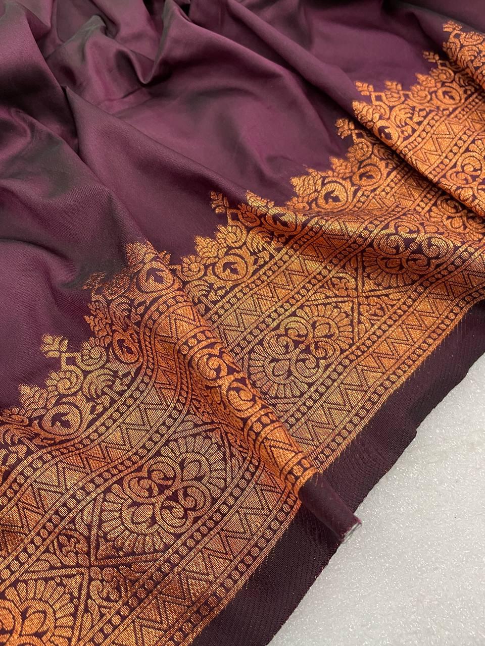 Pretty Wine Soft Banarasi Silk Saree With Snazzy Blouse Piece ClothsVilla