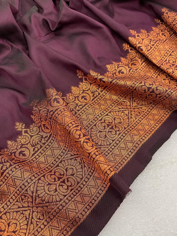 Pretty Wine Soft Banarasi Silk Saree With Snazzy Blouse Piece ClothsVilla