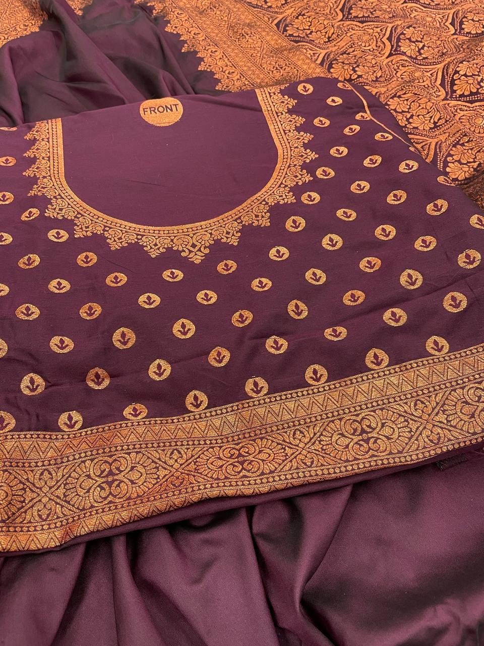 Pretty Wine Soft Banarasi Silk Saree With Snazzy Blouse Piece ClothsVilla