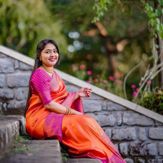 Refreshing Orange Soft Kanjivaram Silk Saree With Beautiful Blouse Piece ClothsVilla