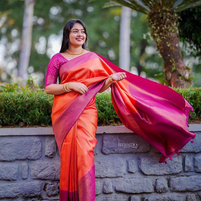 Refreshing Orange Soft Kanjivaram Silk Saree With Beautiful Blouse Piece ClothsVilla