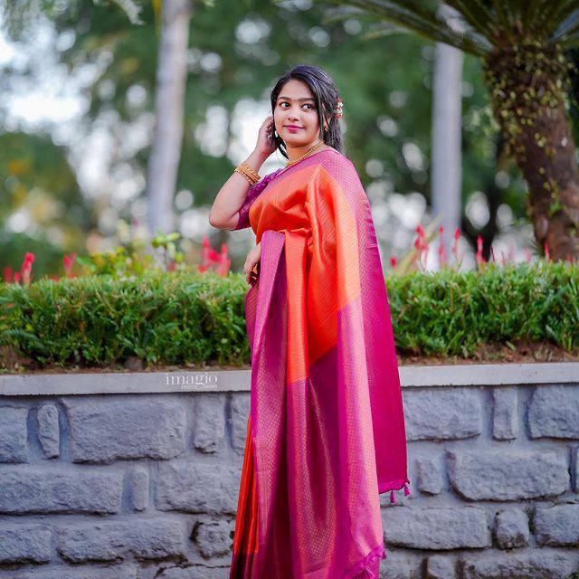 Refreshing Orange Soft Kanjivaram Silk Saree With Beautiful Blouse Piece ClothsVilla