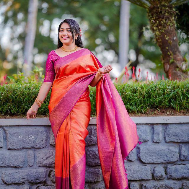 Refreshing Orange Soft Kanjivaram Silk Saree With Beautiful Blouse Piece ClothsVilla