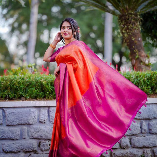 Refreshing Orange Soft Kanjivaram Silk Saree With Beautiful Blouse Piece ClothsVilla