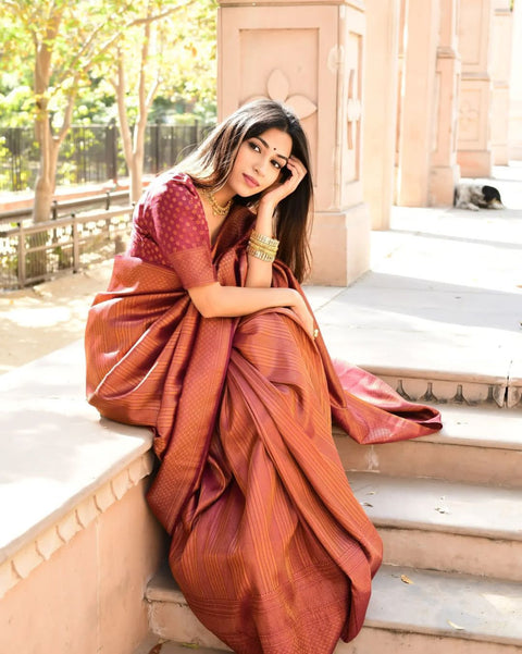 Splendiferous Wine Soft Kanjivaram Silk Saree With Enchanting Blouse Piece ClothsVilla Main image