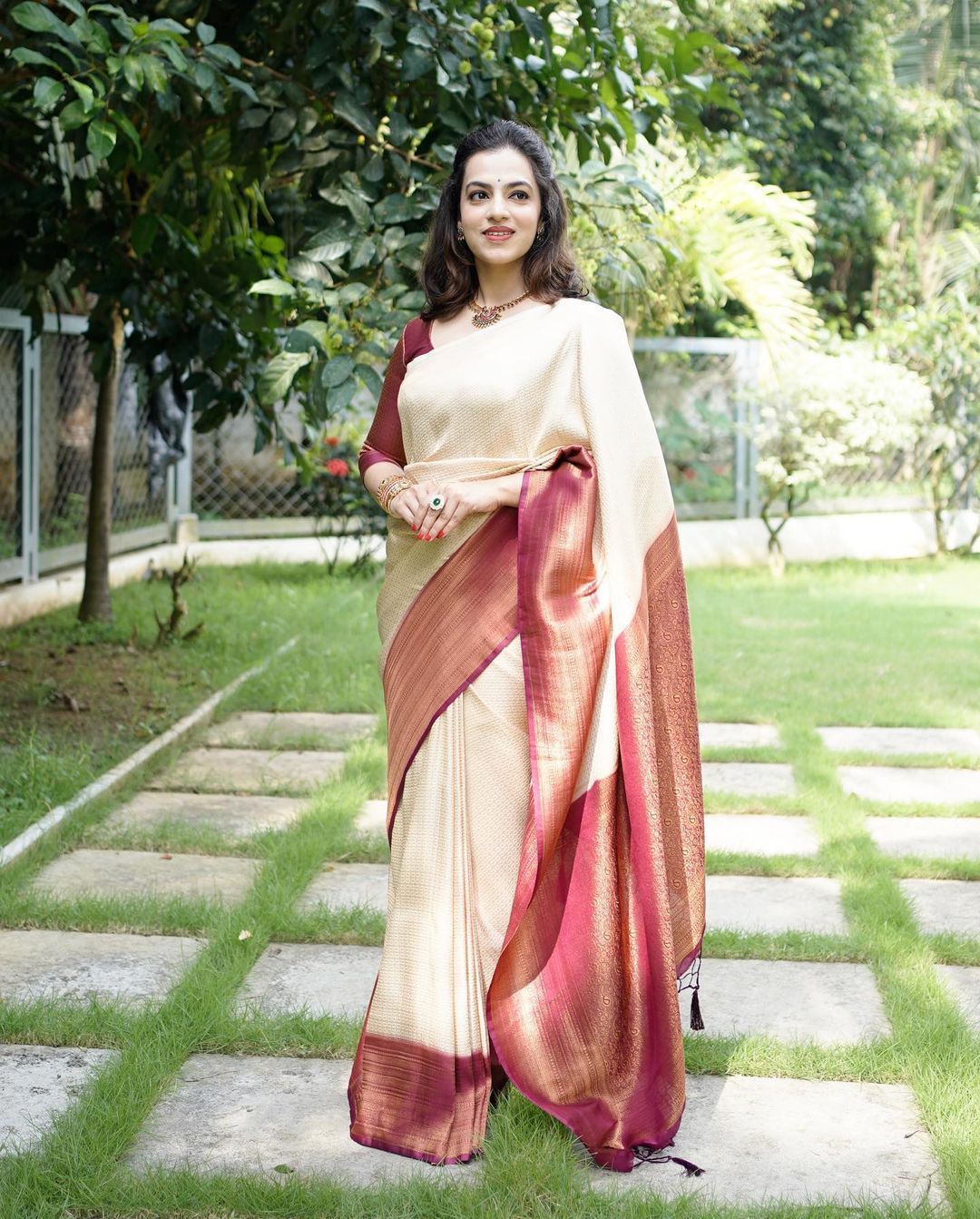 Murmurous Beige Soft Banarasi Silk Saree With Nemesis Blouse Piece ClothsVilla