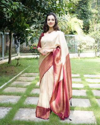 Murmurous Beige Soft Banarasi Silk Saree With Nemesis Blouse Piece ClothsVilla