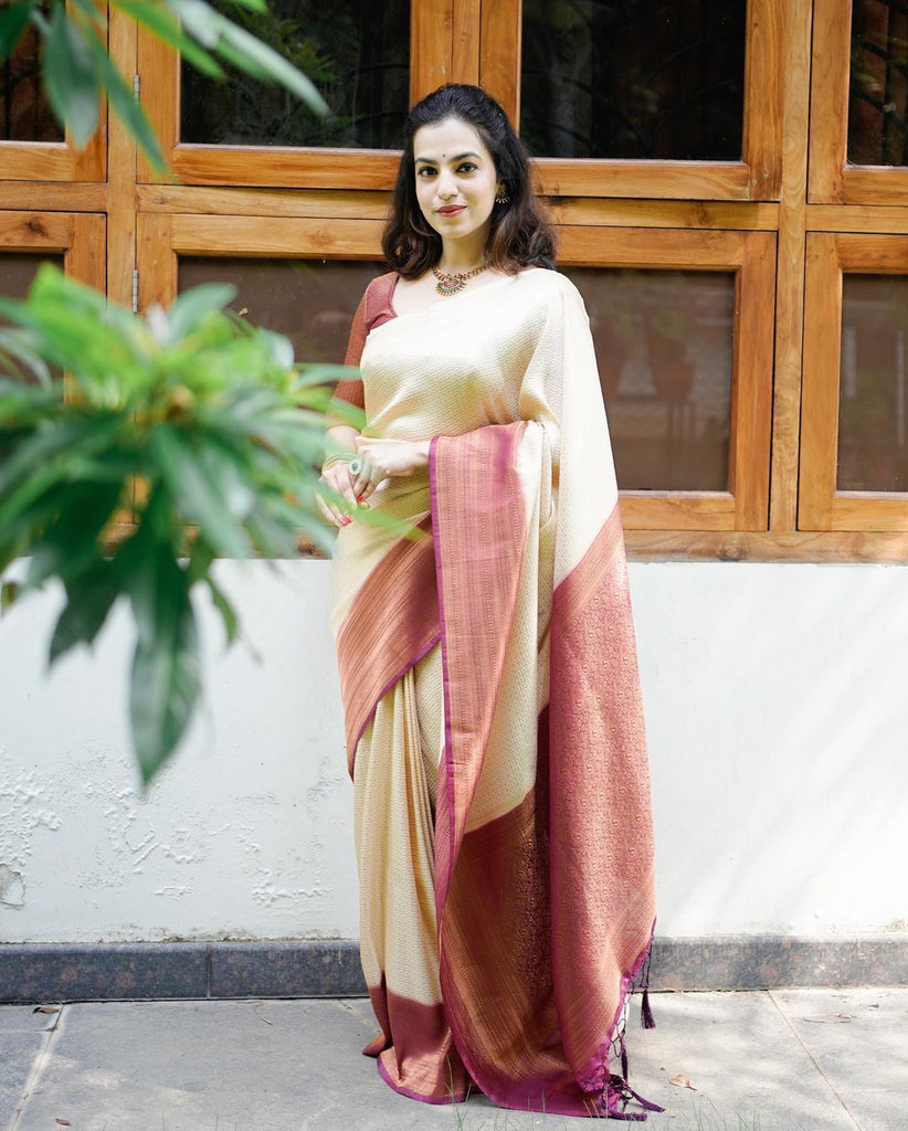 Murmurous Beige Soft Banarasi Silk Saree With Nemesis Blouse Piece ClothsVilla