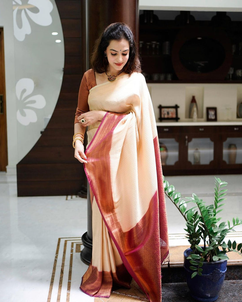 Murmurous Beige Soft Banarasi Silk Saree With Nemesis Blouse Piece ClothsVilla