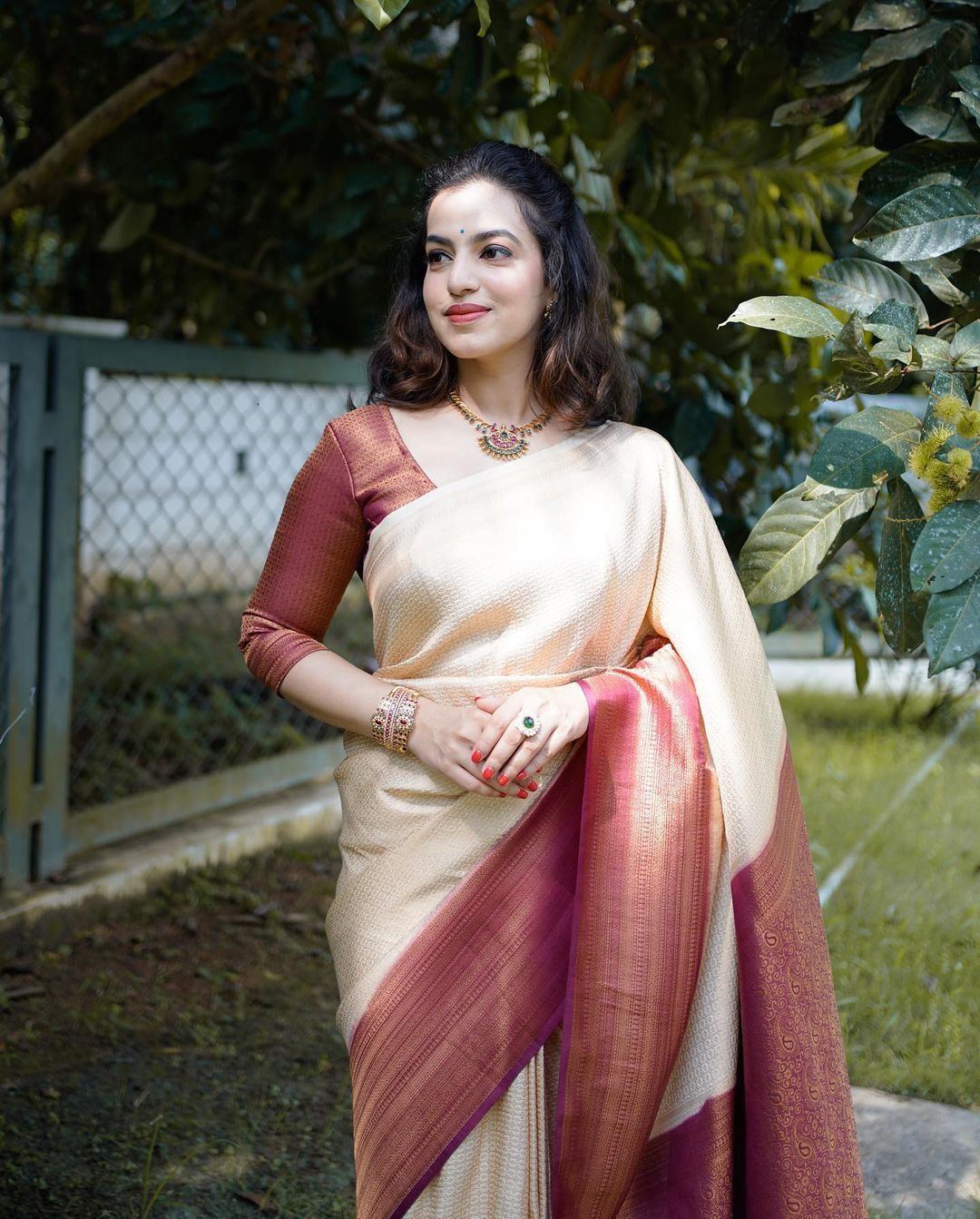 Murmurous Beige Soft Banarasi Silk Saree With Nemesis Blouse Piece ClothsVilla