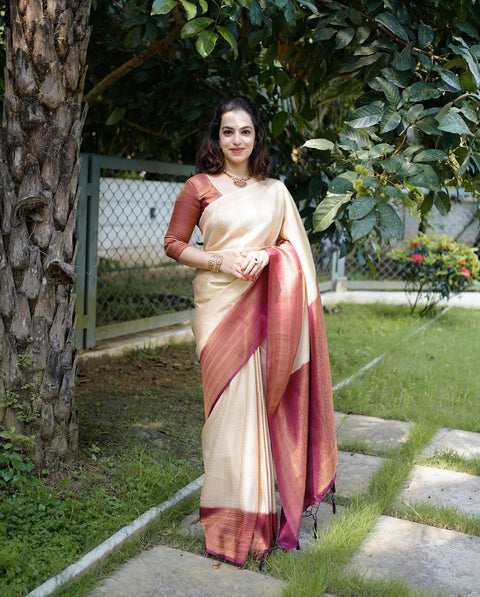 Murmurous Beige Soft Banarasi Silk Saree With Nemesis Blouse Piece ClothsVilla Main image