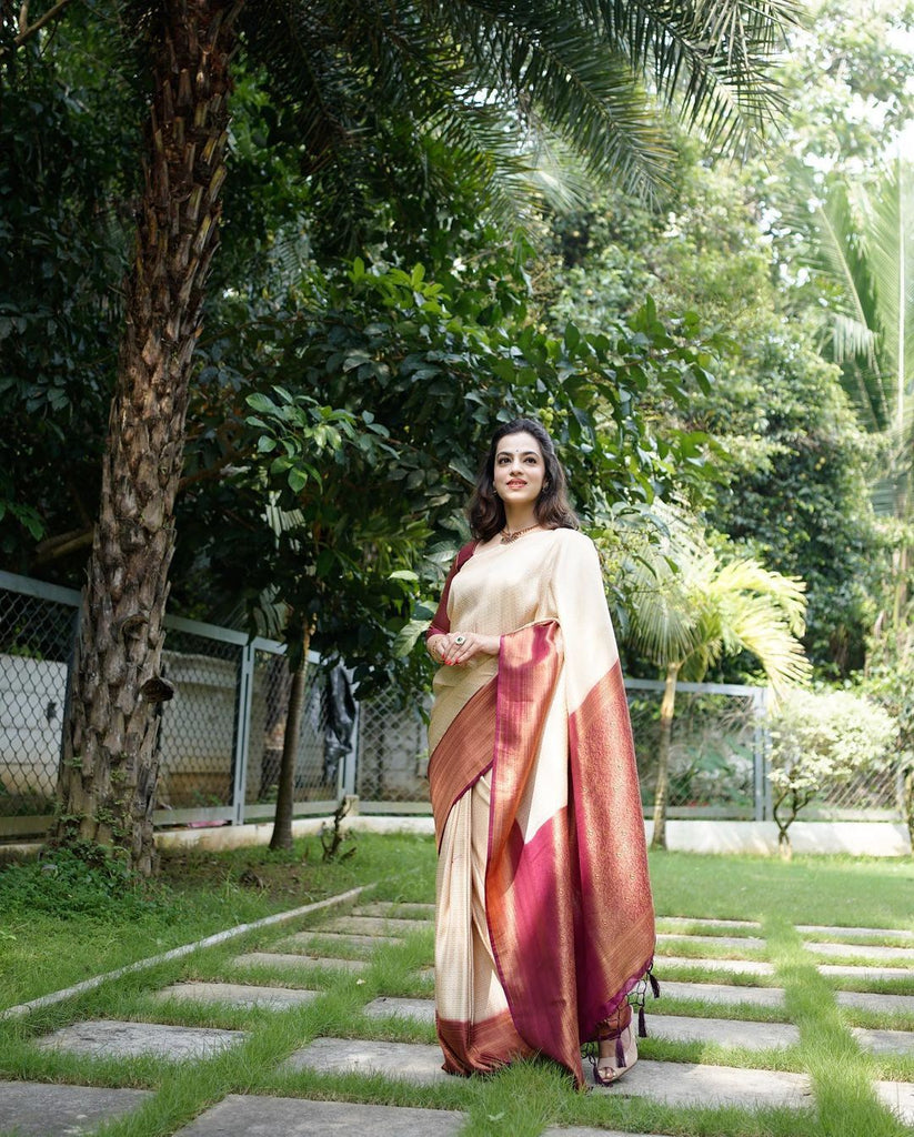 Murmurous Beige Soft Banarasi Silk Saree With Nemesis Blouse Piece ClothsVilla