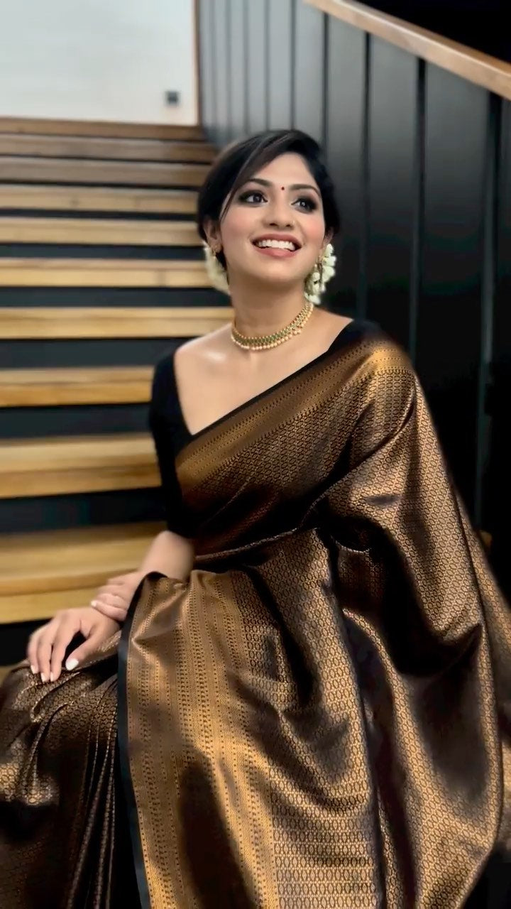 Lovely Black Soft Banarasi Silk Saree With Elaborate Blouse Piece ClothsVilla