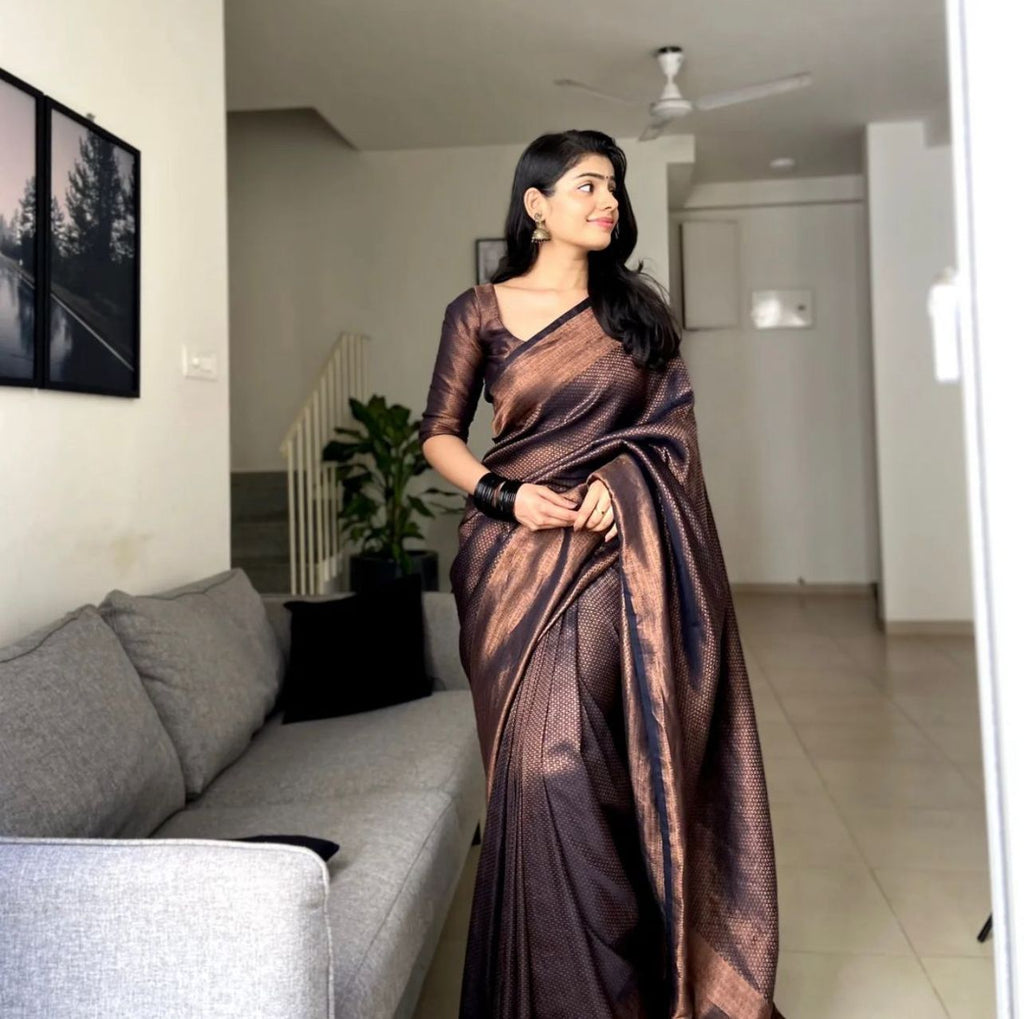 Tremendous Black Soft Banarasi Silk Saree With Elaborate Blouse Piece ClothsVilla