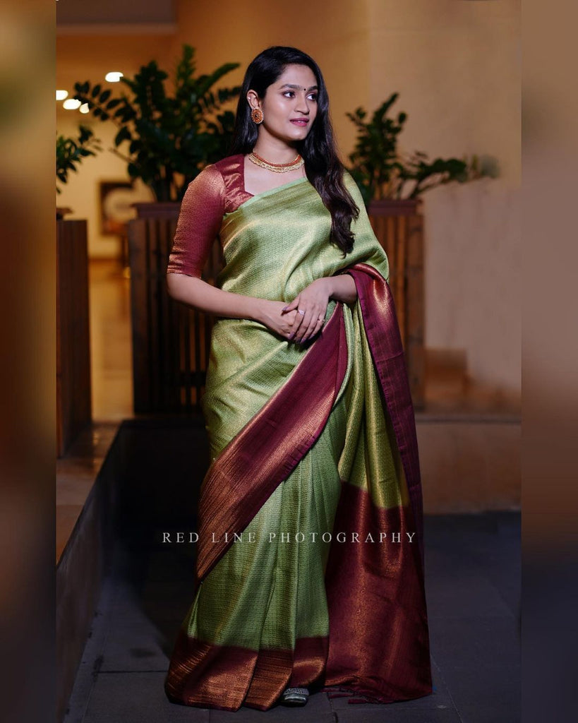 Fairytale Green Soft Banarasi Silk Saree With Classic Blouse Piece ClothsVilla