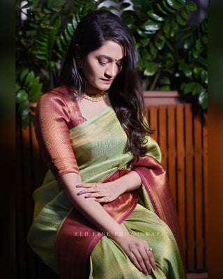Fairytale Green Soft Banarasi Silk Saree With Classic Blouse Piece ClothsVilla