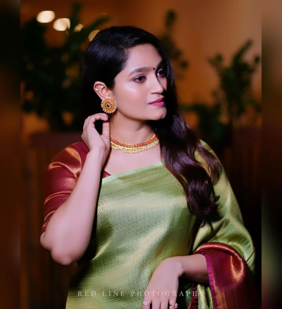 Fairytale Green Soft Banarasi Silk Saree With Classic Blouse Piece ClothsVilla