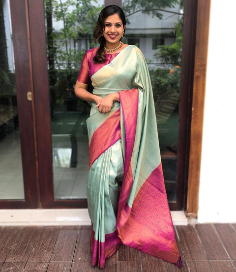A glam Sea Green Soft Banarasi Silk Saree With Adoring Blouse Piece ClothsVilla Main image