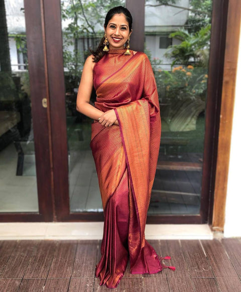 Exuberant Wine Soft Banarasi Silk Saree With Magnificat Blouse Piece ClothsVilla Main image