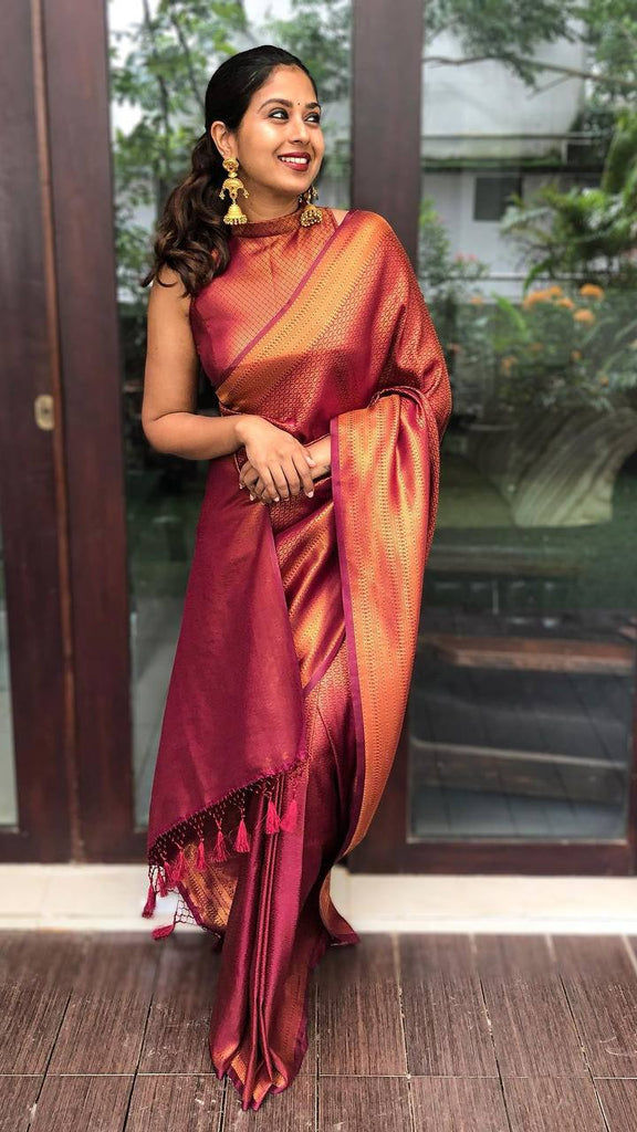 Wine Kanchipuram Silk Saree | Kanjivaram sarees silk, Silk saree blouse  designs, Mysore silk saree