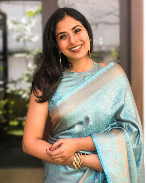 Incredible Firozi Soft Banarasi Silk Saree With Scrumptious Blouse Piece ClothsVilla Main image