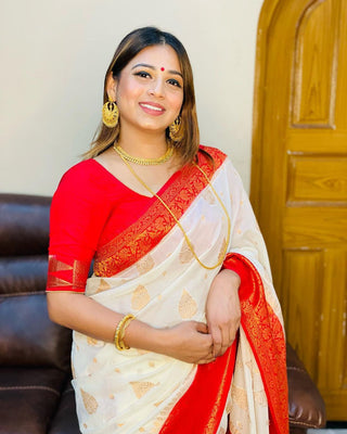 Surreptitious White Soft Banarasi Silk Saree With Artistic Blouse Piece ClothsVilla