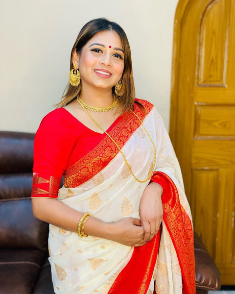 Surreptitious White Soft Banarasi Silk Saree With Artistic Blouse Piece ClothsVilla Main image