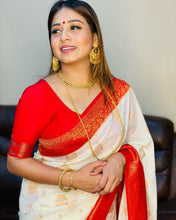 Load image into Gallery viewer, Surreptitious White Soft Banarasi Silk Saree With Artistic Blouse Piece ClothsVilla