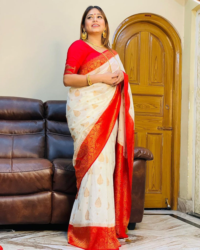 Surreptitious White Soft Banarasi Silk Saree With Artistic Blouse Piece ClothsVilla