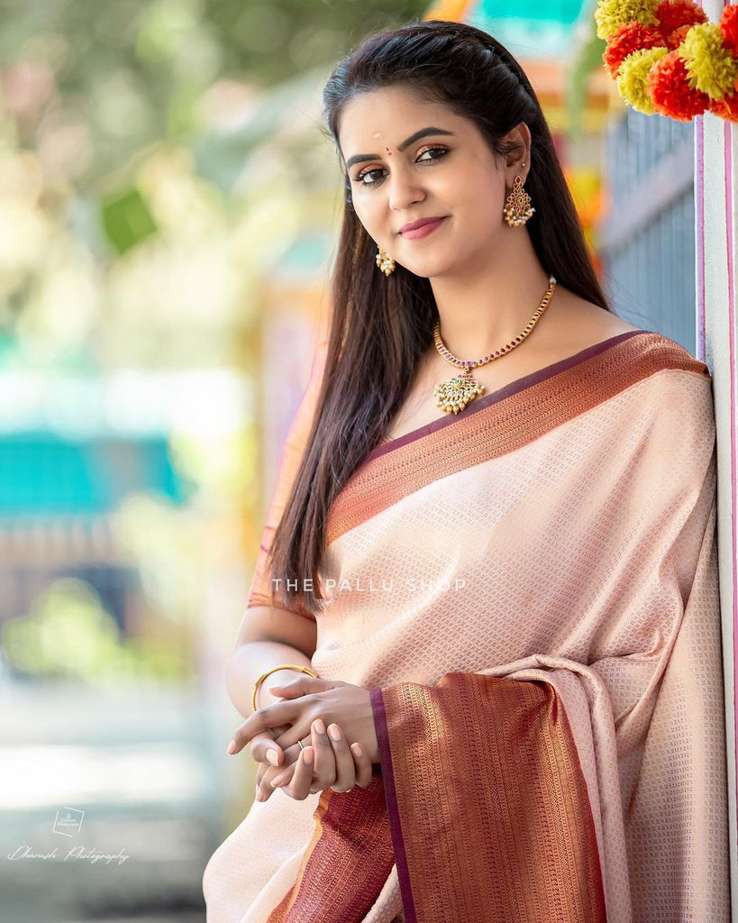 Stunning Beige Soft Kanjivaram Silk Saree With Innovative Blouse Piece ClothsVilla
