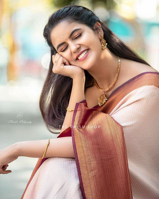 Stunning Beige Soft Kanjivaram Silk Saree With Innovative Blouse Piece ClothsVilla